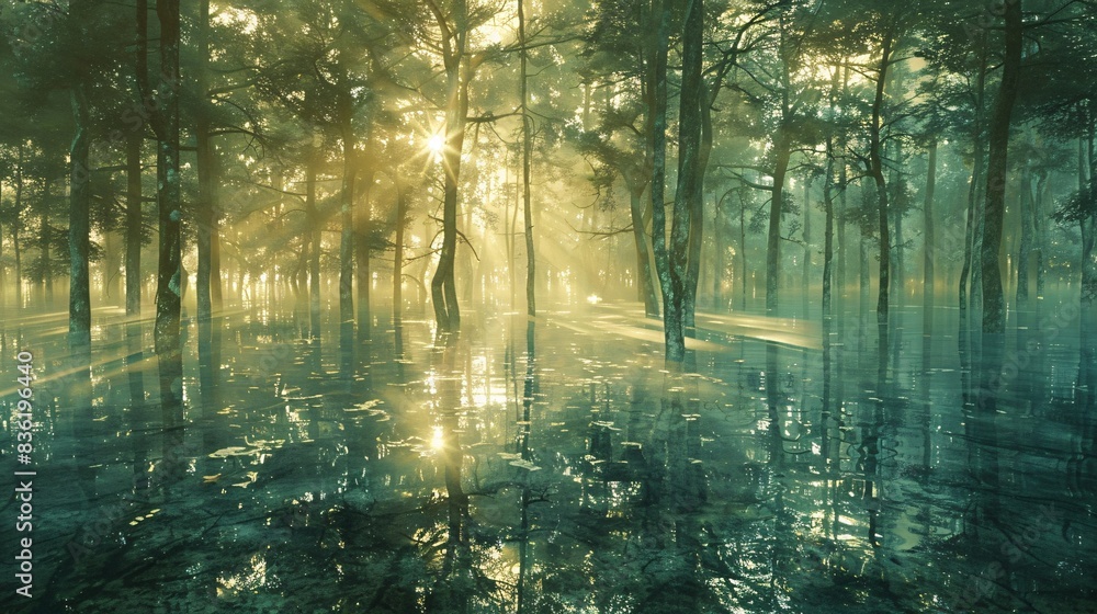 Poster sunlight through the enchanted forest: sunlight shining through a forest with mirror-like trees.