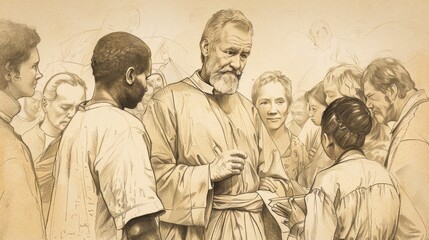 Fototapeta premium Biblical Illustration of Saint Vincent de Paul caring for the poor and sick, reflecting his charitable work, simple attire, compassionate expression, beige background, copyspace