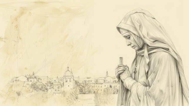 Biblical Illustration of Saint Walburga in deep prayer, holding a cross, reflecting her piety and devotion, monastic attire, serene expression, peaceful church setting, beige background, copyspace