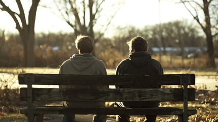 Two friends sit on a park bench and watch the sunset. A peaceful and reflective moment.