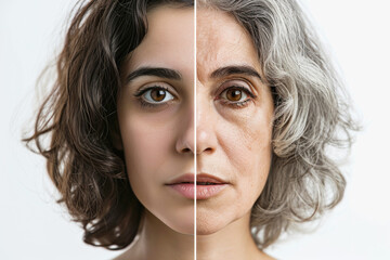 Close-up split face of young woman and elderly woman showing aging concept