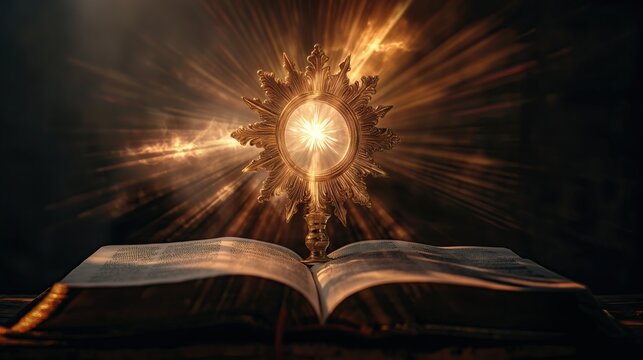 monstrance and open Holy Bible with sun rays of light from above, on black background for overlay