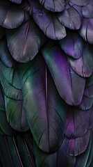 Obraz premium background of feathers, dark purple feathers, with green and emerald, bird feathers and fluff
