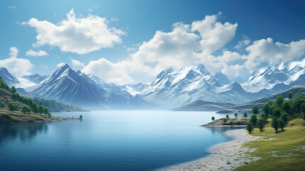 Mountain range landscape with lake and clouds