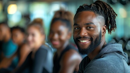 Smiling man with dreadlocks in gym setting.