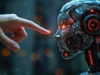Female finger delicately touched robot metallic body artificial intelligence