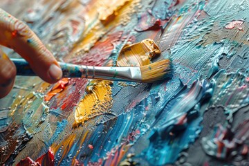 Obraz premium A hand holding a paintbrush applies a vibrant blue color to a canvas
