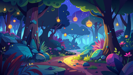 Whimsical forest scenes at night, illuminated by fireflies in glowing, magical colors., vector graphics