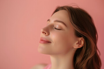 Fototapeta premium A close up of a woman's face with her eyes closed looking to a side
