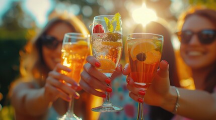 Group of friends having fun in summer vacation in tropical resort and drinking refreshing cocktail drinks