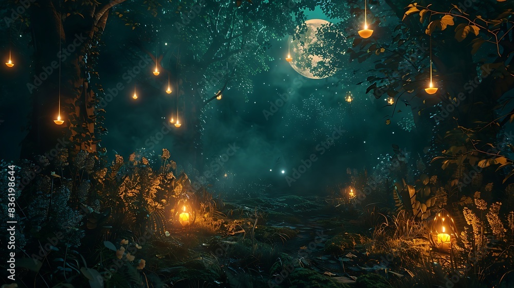 Canvas Prints enchanted forest illuminated by candlelight and a glowing moon amulet, dark abstract backdrop.