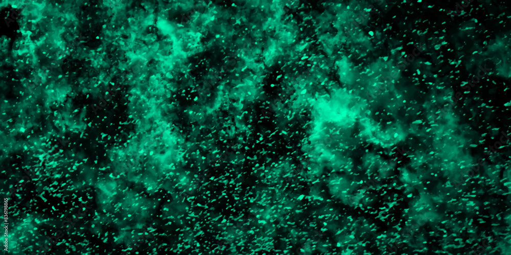 Poster abstract light mint color dynamic particles with soft blue clouds on dark background. night sky with
