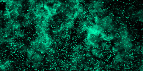 Abstract light mint color dynamic particles with soft blue clouds on dark background. Night sky with blue storm cloud. Blue painted powder explosion with Bright Blue space nebula.
