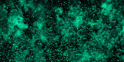 Fototapeta premium Abstract light mint color dynamic particles with soft blue clouds on dark background. Night sky with blue storm cloud. Blue painted powder explosion with Bright Blue space nebula.