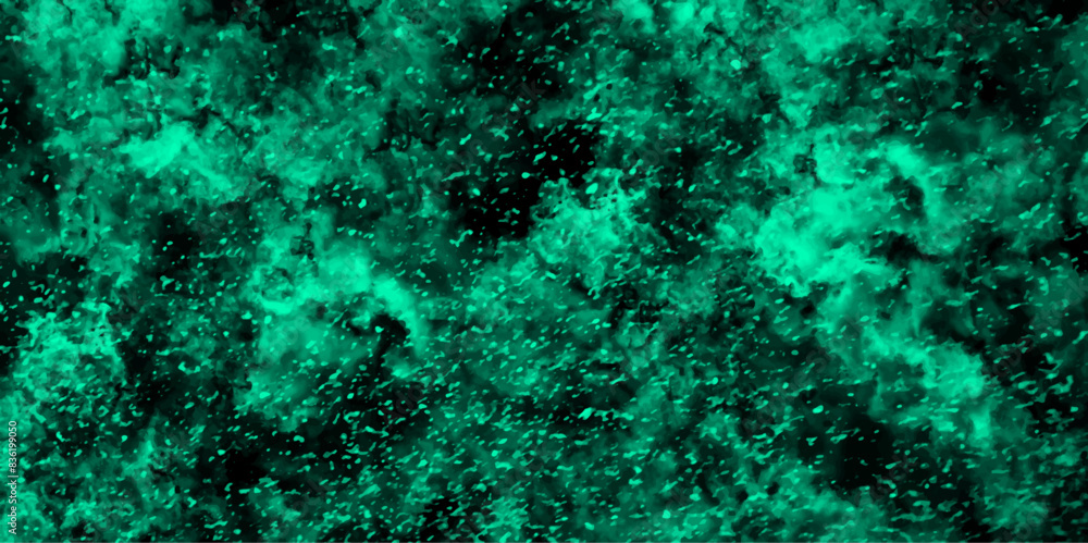 Poster Abstract light mint color dynamic particles with soft blue clouds on dark background. Night sky with blue storm cloud. Blue painted powder explosion with Bright Blue space nebula.