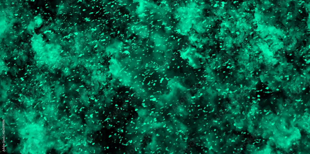 Poster Abstract light mint color dynamic particles with soft blue clouds on dark background. Night sky with blue storm cloud. Blue painted powder explosion with Bright Blue space nebula.