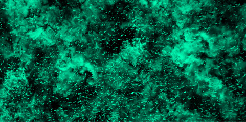 Abstract light mint color dynamic particles with soft blue clouds on dark background. Night sky with blue storm cloud. Blue painted powder explosion with Bright Blue space nebula.