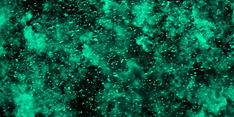 Obraz premium Abstract light mint color dynamic particles with soft blue clouds on dark background. Night sky with blue storm cloud. Blue painted powder explosion with Bright Blue space nebula.