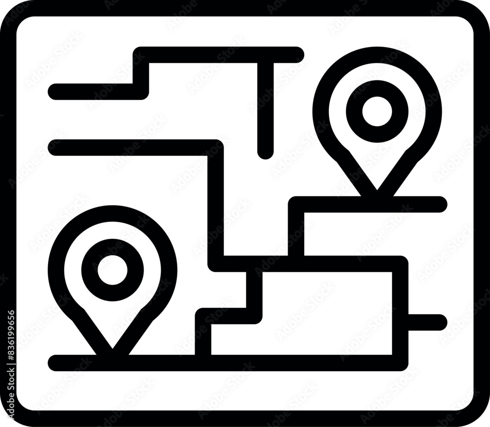 Poster black and white line icon of an abstract map with route and location markers