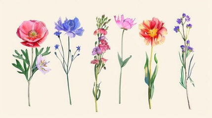 A beautiful watercolor illustration of six different wildflowers in vibrant colors, ideal for spring-themed designs and artistic projects.