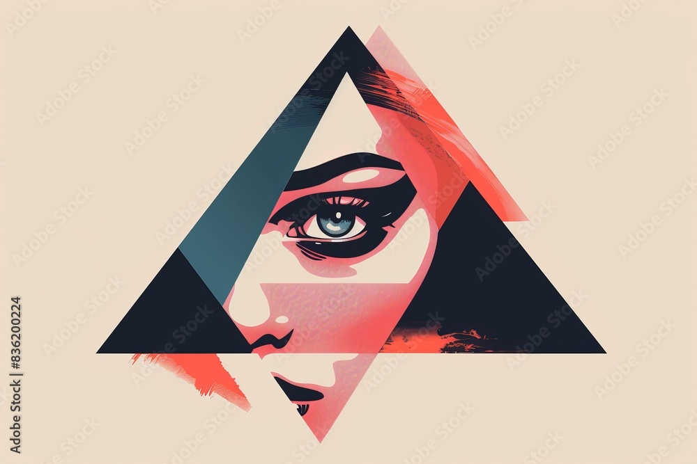 Poster abstract artwork featuring a stylized female face inside a geometric triangle. bold colors and moder