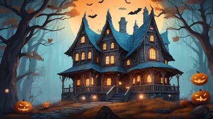 A big wooden magical house in a magical forest, fantasy theme for Halloween and light blue background, fantasy illustration. Generative AI