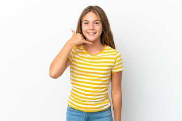 Little caucasian girl isolated on white background making phone gesture. Call me back sign