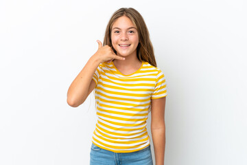 Fototapeta premium Little caucasian girl isolated on white background making phone gesture. Call me back sign