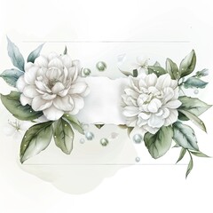 watercolor mock-up floral shop logo, white background, white flowers and pearl, cardpostal.