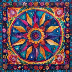 Fototapeta premium Vibrant mandala-inspired fabric art quilt with intricate patterns, colorful petals, and detailed floral designs on a square background.