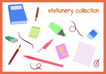 Set of different office stationery. Collection of school stationary objects in flat style. isolated on white background.