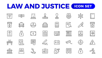 Law and Judgement line icons Illustration. Justice, Court of law and Government outline icon set.