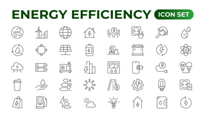 Energy efficiency icon set. Calculator, energy-saving light bulb, piggy bank, solar panel, circular economy, battery, home insulation, energy class vector illustration