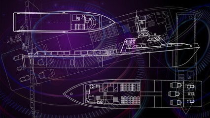 Line art sketch wallpaper of water transportation series. Drafting art. Lines Drawing against dark background. 