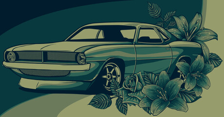 vector illustration of muscle car with flower decoration