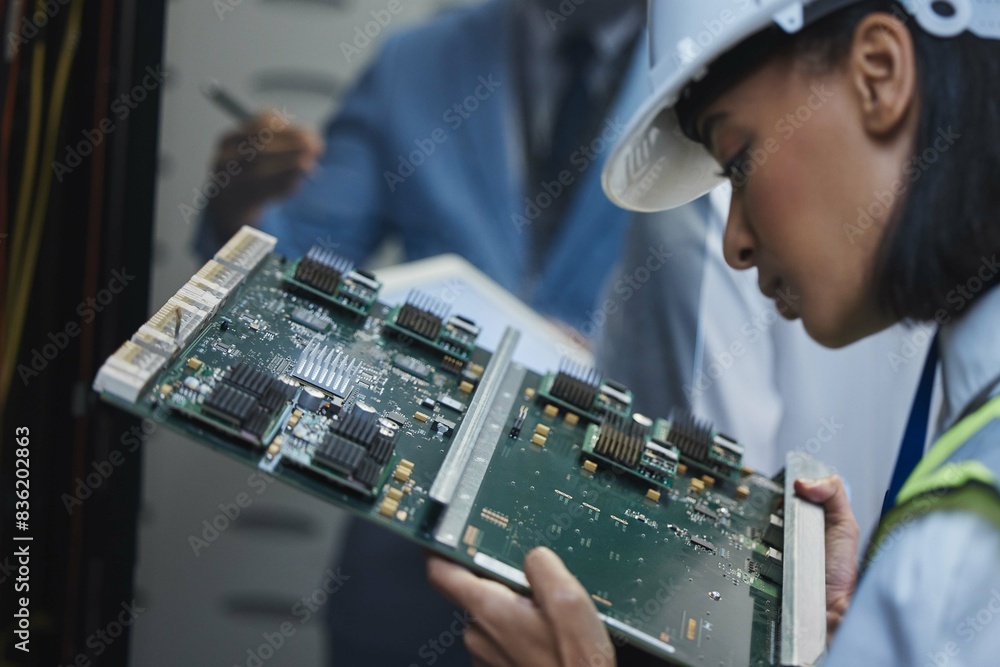 Aufkleber Woman, motherboard and server room for internet infrastructure or lights of computer. Network engineer, IT support and cybersecurity with circuit, software and company information for cloud computing