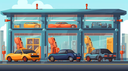 Fototapeta premium Robotized car factory cartoon concept vector image