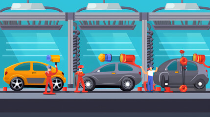 Fototapeta premium Robotized car factory cartoon concept vector image