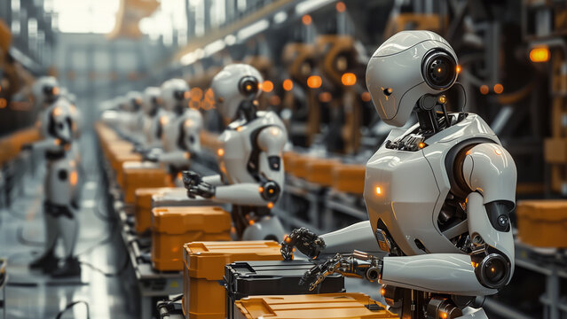 Humanoid robot working in harmonious factory setting