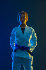 Brazilian girl Jujutsu fighter is ready for the Jiu Jitsu wrestling competition. Brazilian sport...