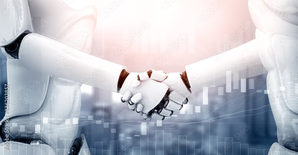 Poster mlp 3d illustration humanoid robot handshake to collaborate future technology development by ai thin