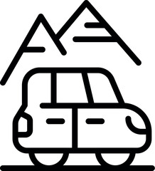 Black line icon depicting a car with mountain shapes on top, representing outdoor adventure