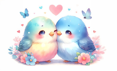 Watercolor of a couple cute birds and love hearts for Valentine's Day