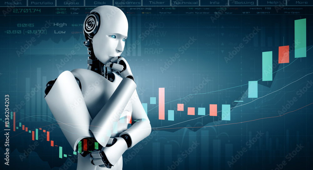 Poster mlp 3d illustration future financial technology controlled by ai robot using machine learning and ar