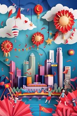 Festive Singapore National Day vector paper cut illustration, featuring iconic city landmarks, flags, and joyous celebrations with families and friends