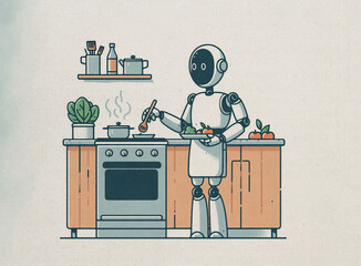Paper textured illustration of humanoid robot cooking a meal in the kitchen