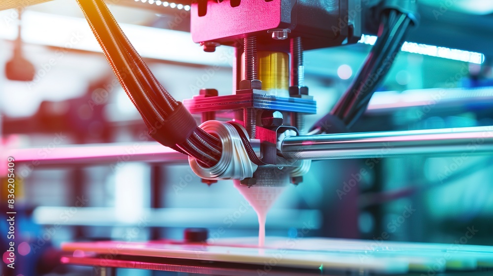 Poster macro of a 3d printer using recycled filament to create a new object, detailed focus on extruder, so