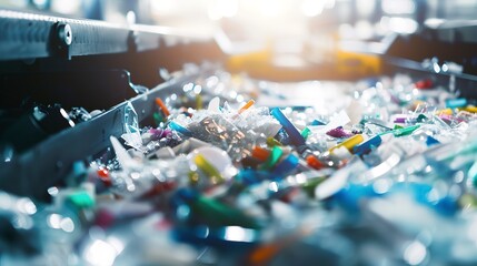 Close-up of a sophisticated sensor sorting plastics by type, focus on sensor head, dynamic, bright factory light