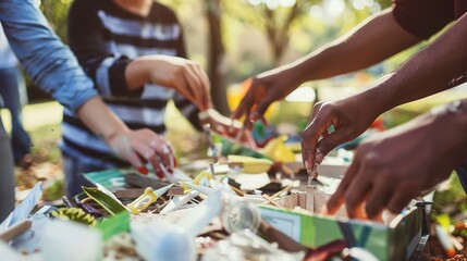 Tight shot of a recycling workshop in a park, focus on hands creating from recycled materials, soft, natural light.