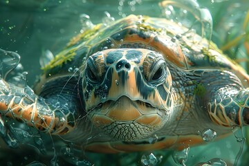 Fototapeta premium Endangered Sea Turtle Trapped in Plastic Waste Amid Coastal Mangroves